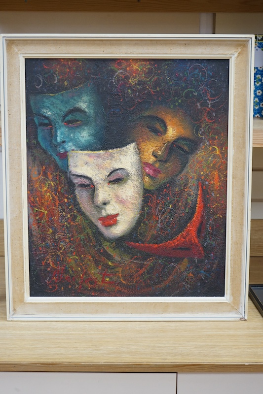 Mid century, impasto oil on canvas, Theatrical masks, indistinctly signed, 58 x 49cm. Condition - good